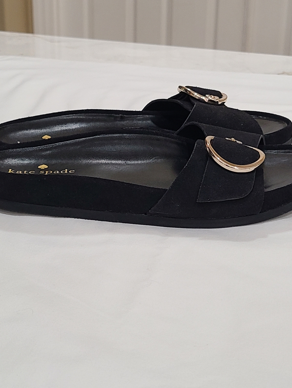 kate spade New York Della Slide Sandals Black Gold Buckle Size 7 - Picture 11 of 16